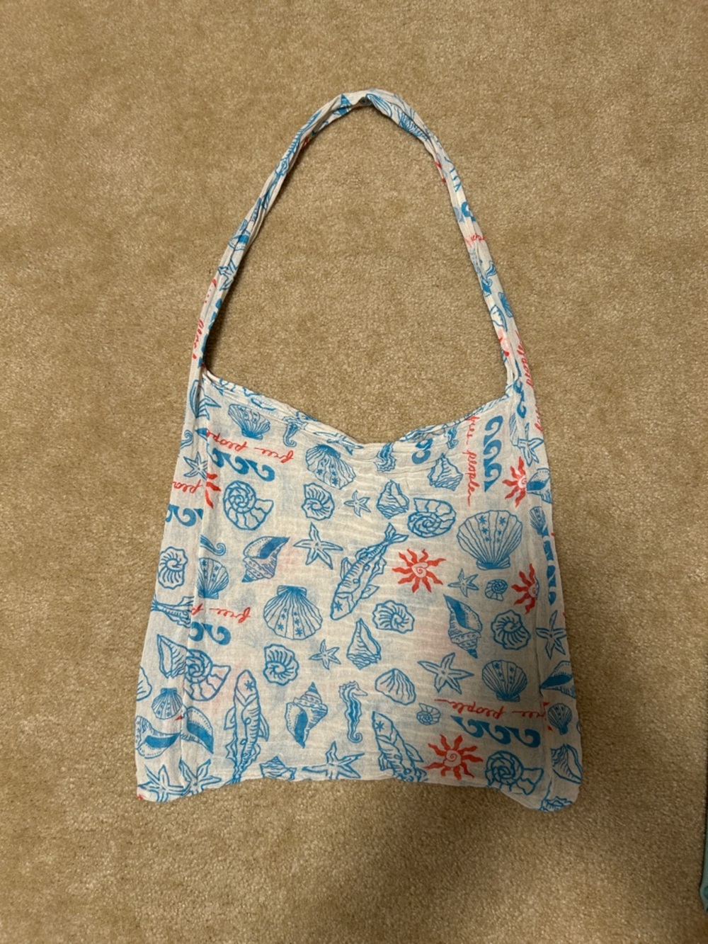 Free People Cream Tote with Blue & Coral Shell Print